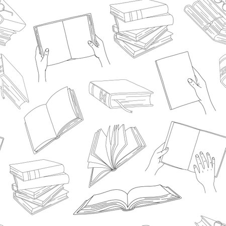 Vector line seamless pattern. Books with bookmark, open book on whiteのイラスト素材