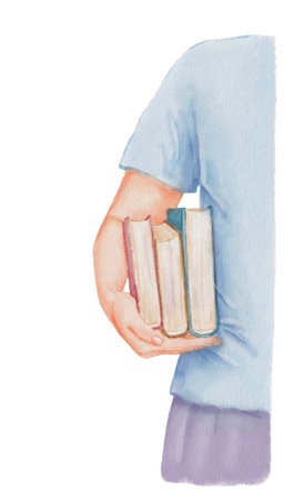 Young female student holds stack of books. Girl with book in hands isolated on white. Watercolor illustrationの写真素材