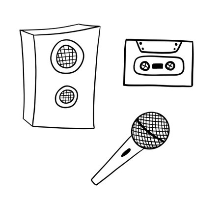 Hand drawn sketch set of music doodles. Music column, audio cassette and microphone isolated on whiteのイラスト素材