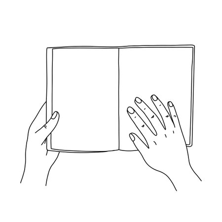 Open book in female hands. Outline vector illustration isolated on white backgroundのイラスト素材