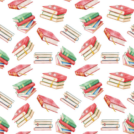Seamless pattern with stack of books. Hand drawn literature for reading . Watercolor background on white.の写真素材