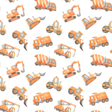 Watercolor seamless pattern with construction equipment on white. Excavator, concrete mixer and truck.の写真素材