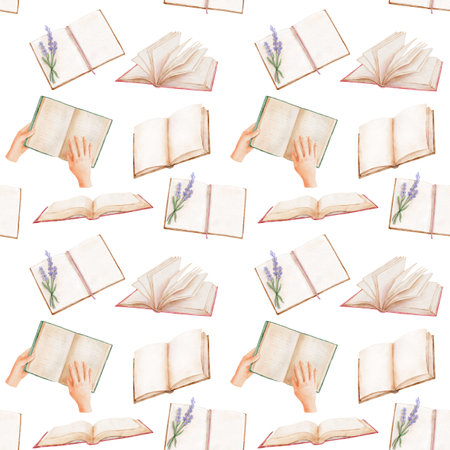 Seamless pattern with open books. Hand drawn literature for reading . Watercolor background on white.の写真素材