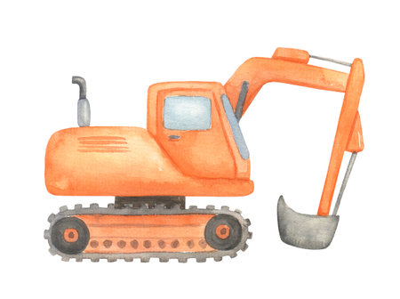 Construction excavation. Watercolor illustration isolated on white. Childish cute construction vehicleの写真素材