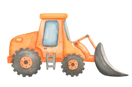 Construction excavation. Watercolor illustration isolated on white. Childish cute construction...