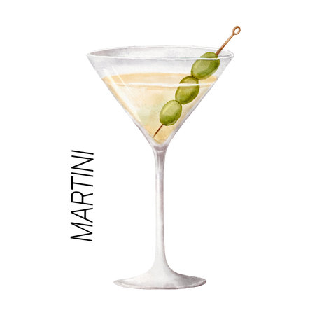Martini cocktail. Watercolor illustration of drink in glass isolated on whiteの写真素材