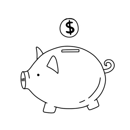 Cartoon piggy bank with falling coin. Hand drawn doodle vector illustration isolated on white background. Black and white sketch.のイラスト素材