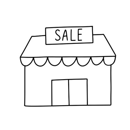 Outline store with sale sign. Shop doodle isolated on white background. vector sketchのイラスト素材