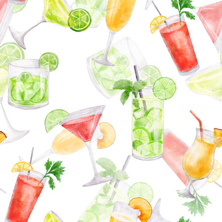 Seamless pattern with cocktails. Watercolor endless background with drink in glass isolated on whiteの写真素材