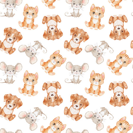 Cute cartoon cat, dog and mouse on white. Watercolor seamless pattern.の写真素材
