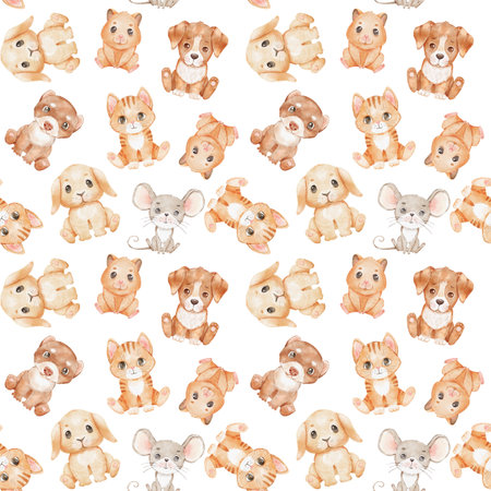 Cute cartoon cat, dog and mouse on white. Watercolor seamless pattern.の写真素材