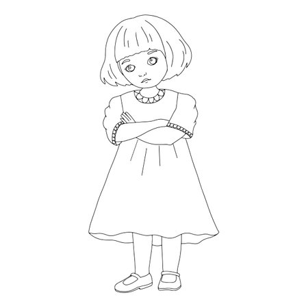 Vector black and white offended girl with crossed arms. Cute outline kid for coloring page isolated on white backgroundのイラスト素材