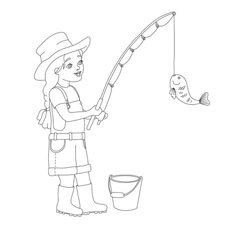Little girl fishing. Full length of smiling girl holding fishing rod with fish on hook. Vector outline illustration isolated on white background.のイラスト素材