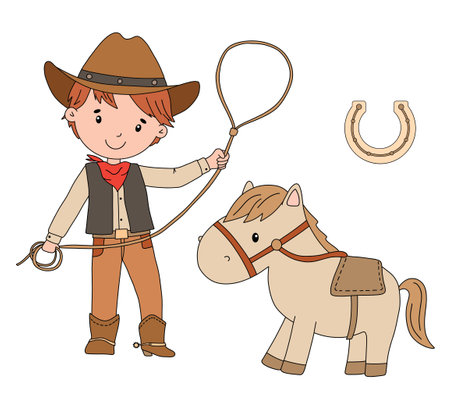 Cowboy boy with lasso and horse. Cute childish cartoon illustration isolated on white background for kidsのイラスト素材