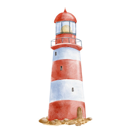 Striped red and white lighthouse on stones. Watercolor illustration isolated on white, hand drawn clipart.の写真素材