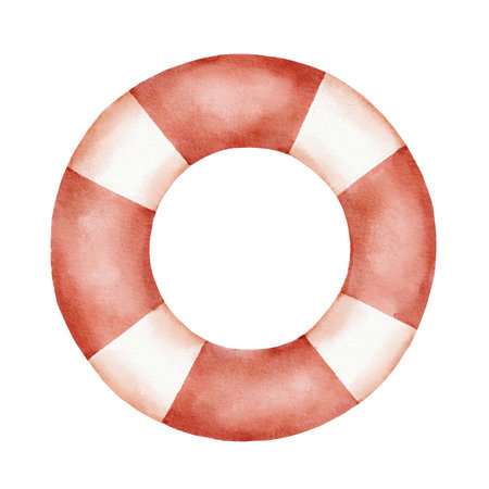 Red and white lifebuoy. Watercolor nautical illustration isolated on whiteの写真素材