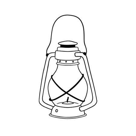 Camping lamp with wick. Outline clipart isolated on white. Nautical line sketch. antique lanternのイラスト素材