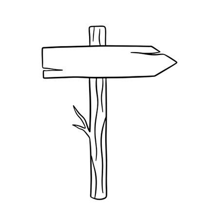 Outline Sketch wooden road sign arrow. Hand drawn doodle vector illustration isolated on whiteのイラスト素材