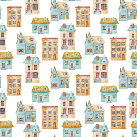 Seamless watercolor pattern with cute houses. Hand drawn blue old and cozy small buildings.の写真素材