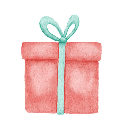 Watercolor drawing funny gift box with bow. Hand drawn illustration isolated on white background.の写真素材