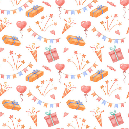 Seamless pattern with colorful bright confetti, gift box and flags.の写真素材