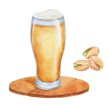 Glass of beer with foam and pistachios. Watercolor illustration isolated on white.の写真素材