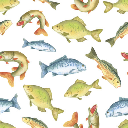 Fishing seamless pattern with fish. Watercolor cute background for fisherman.の写真素材
