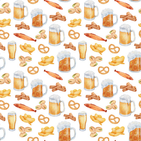 Seamless pattern with mug of beer, fish and pretzel. Watercolor beer elements on white background.の写真素材