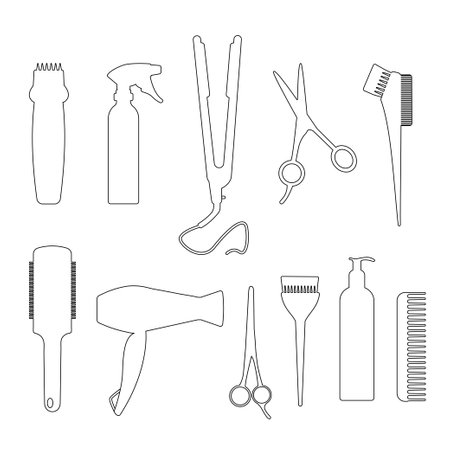 Cosmetic brush for hair, scissors, razor and comb. Barber tool line icon setのイラスト素材