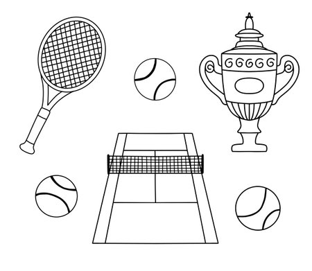 Tennis racket, court and ball doodle icon set. Vector outline simple sketchのイラスト素材