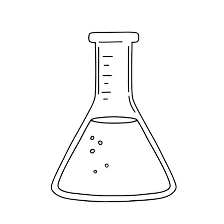 Flask with liquid for scientific experiment. Science, studying chemistry at school. vector doodle sketchのイラスト素材