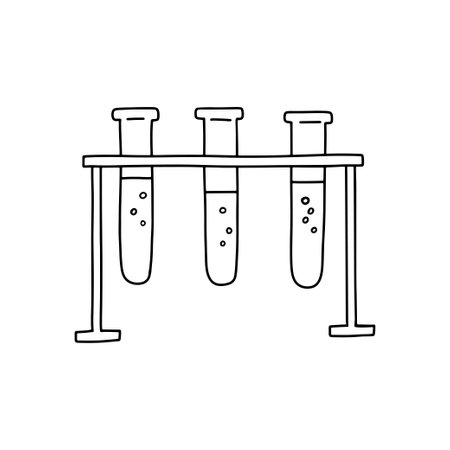 Flask with liquid for scientific experiment. Chemical research laboratory equipment. Chemistry laboratory glassware. vector doodle sketchのイラスト素材