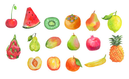 Hand painted watercolor fruits set isolated on white. Watermelon, peach and bananaの写真素材