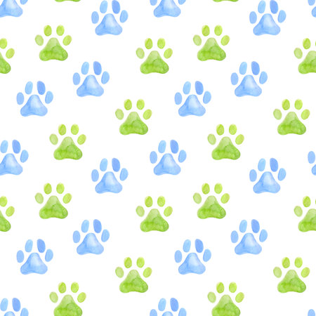 Dog paw seamless pattern. Blue and green puppy or cat paw track. Abstract dog endless animal backgroundの写真素材