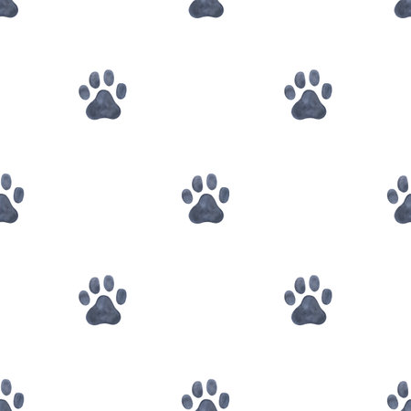 Dog paw seamless pattern. Black puppy or cat paw track. Abstract endless animal backgroundの写真素材