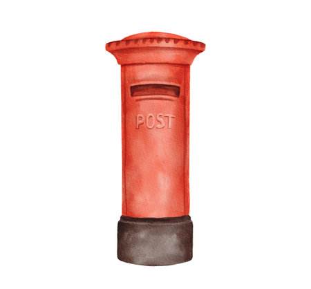 English red post box. Watercolor illustration isolated on whiteの写真素材