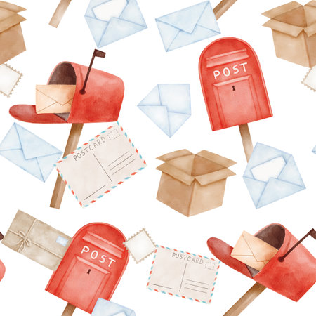 Seamless pattern with red post box and letters. Watercolor endless backgroundの写真素材