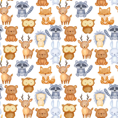 Seamless watercolor pattern with cute forest characters. Bear, raccoon, owl and deer on white backgroundの写真素材