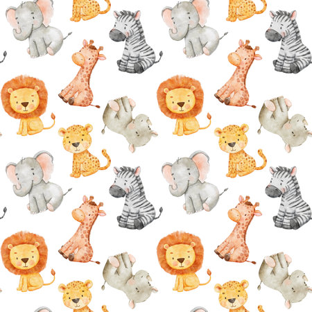 Childish seamless pattern with safari animals. Cute elephant, rhino and giraffe in cartoon style. Watercolor african baby wild animals on white background.の写真素材