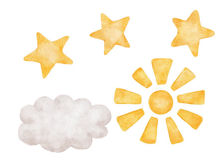 Cute cartoon hand drawn sun, star and cloud. Watercolor set isolated on white background.の写真素材
