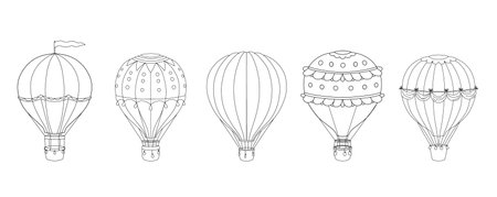 Outline hot air balloon set. Line illustration isolated on white for coloring bookのイラスト素材