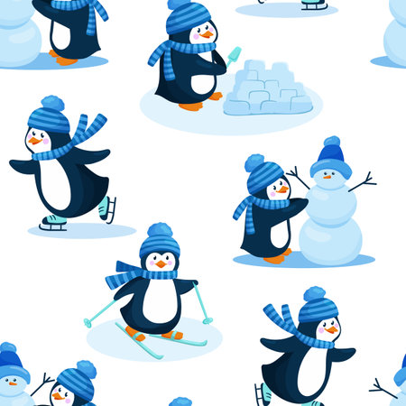 Seamless pattern with cute penguin vector illustrations. Cartoon winter characters.のイラスト素材
