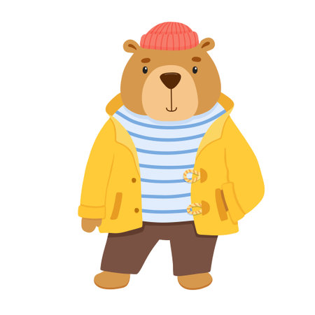 Cute sailor bear dressed in vest, hat and yellow fishing jacket. Funny vector illustration of child character isolated on white backgroundのイラスト素材