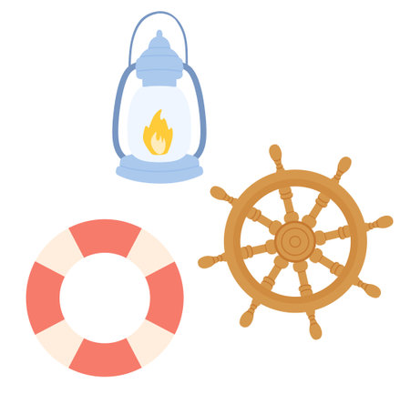 Ship steering wheel, lamp and lifebuoy. Nautical elements set. Vintage marine objects. Flat cartoon vector illustrationのイラスト素材