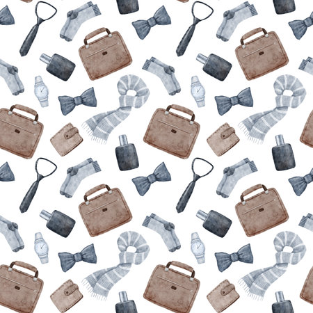 Funny seamless pattern with socks, briefcase and tie on white background. Male watercolor giftsの写真素材