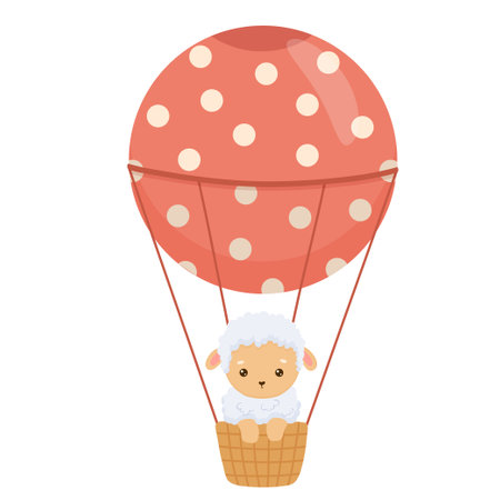 Cute lamb in red air balloon. Hand drawn flat cartoon illustration sheep isolated on white background. Funny Farm animal for kidsのイラスト素材