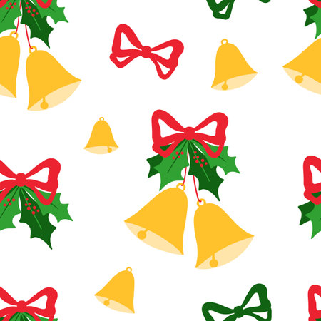 Seamless pattern with Christmas Bells with bow and leaves holly, Vector bright hand drawn illustration on white backgroundのイラスト素材