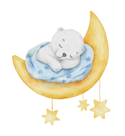 Cute dreaming baby polar bear on moon with stars. Cartoon hand drawn watercolor illustration for newborn textile. Funny animal isolated on whiteの写真素材