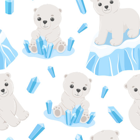 Seamless pattern with cute polar baby bear. Vector cartoon hand drawn childish pattern for kids or newborn. Funny little animal on white backgroundのイラスト素材