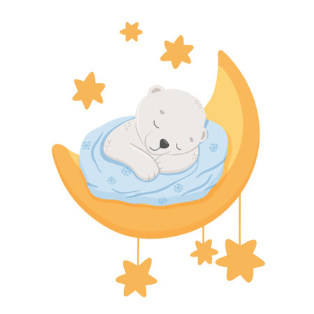 Cute baby bear sleeping on moon. Vector cartoon hand drawn childish illustration for kids. Polar animal isolated on whiteのイラスト素材